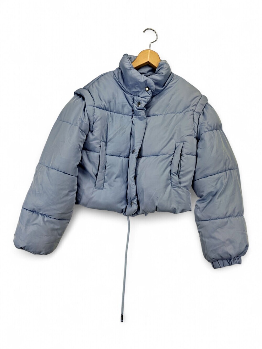 Bershka Cropped Puffer Jacket Drawstring Waist Size S Light Blue